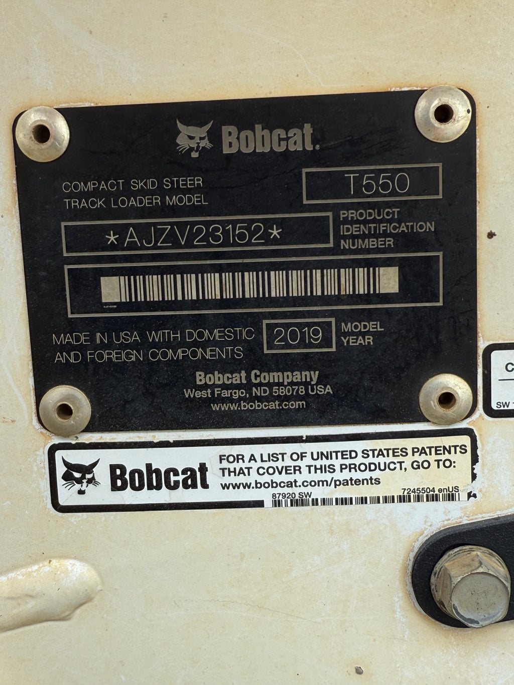 2019 Bobcat T550 Loader with 1360 Hours