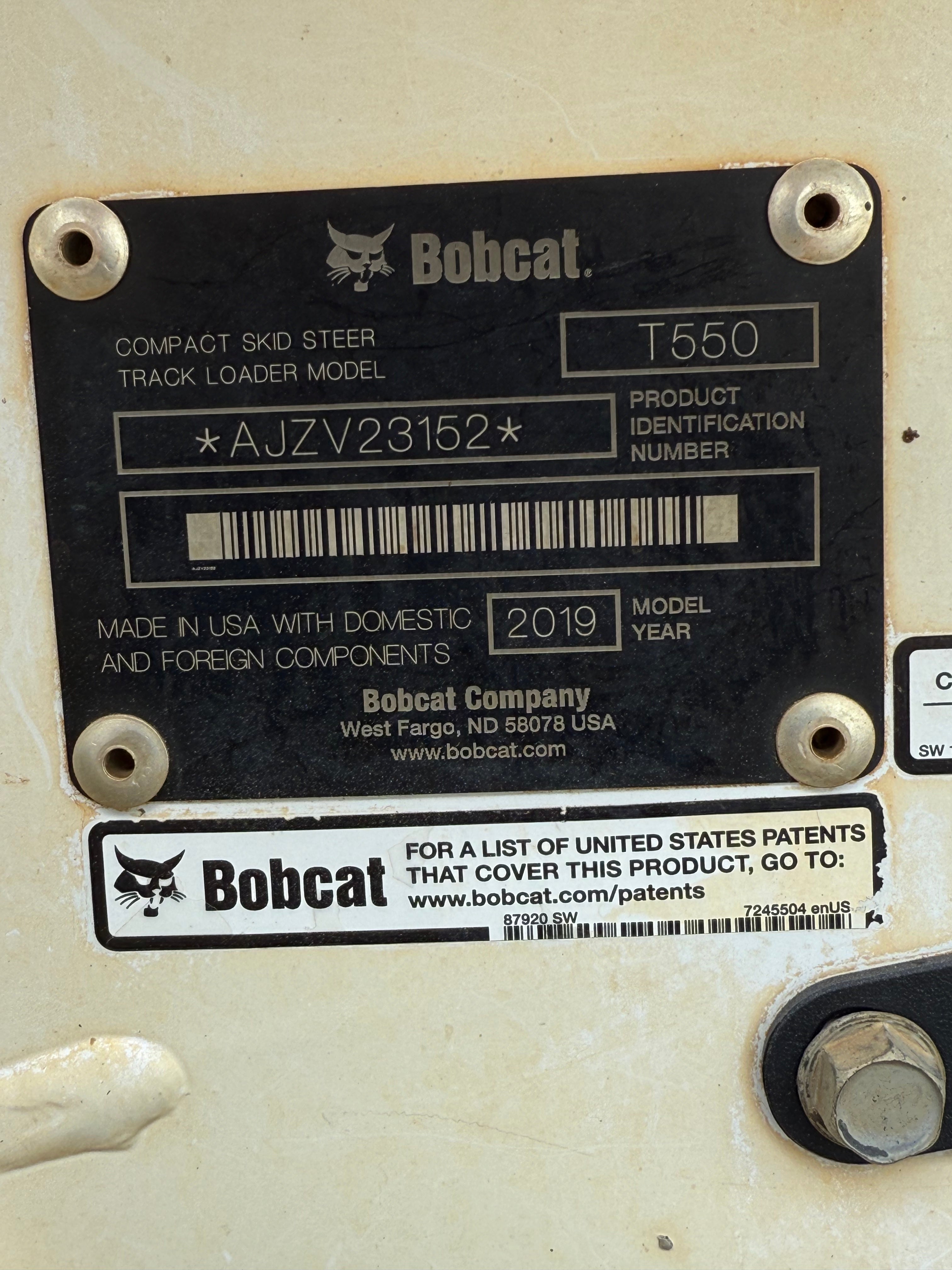 2019 Bobcat T550 Loader with 1360 Hours