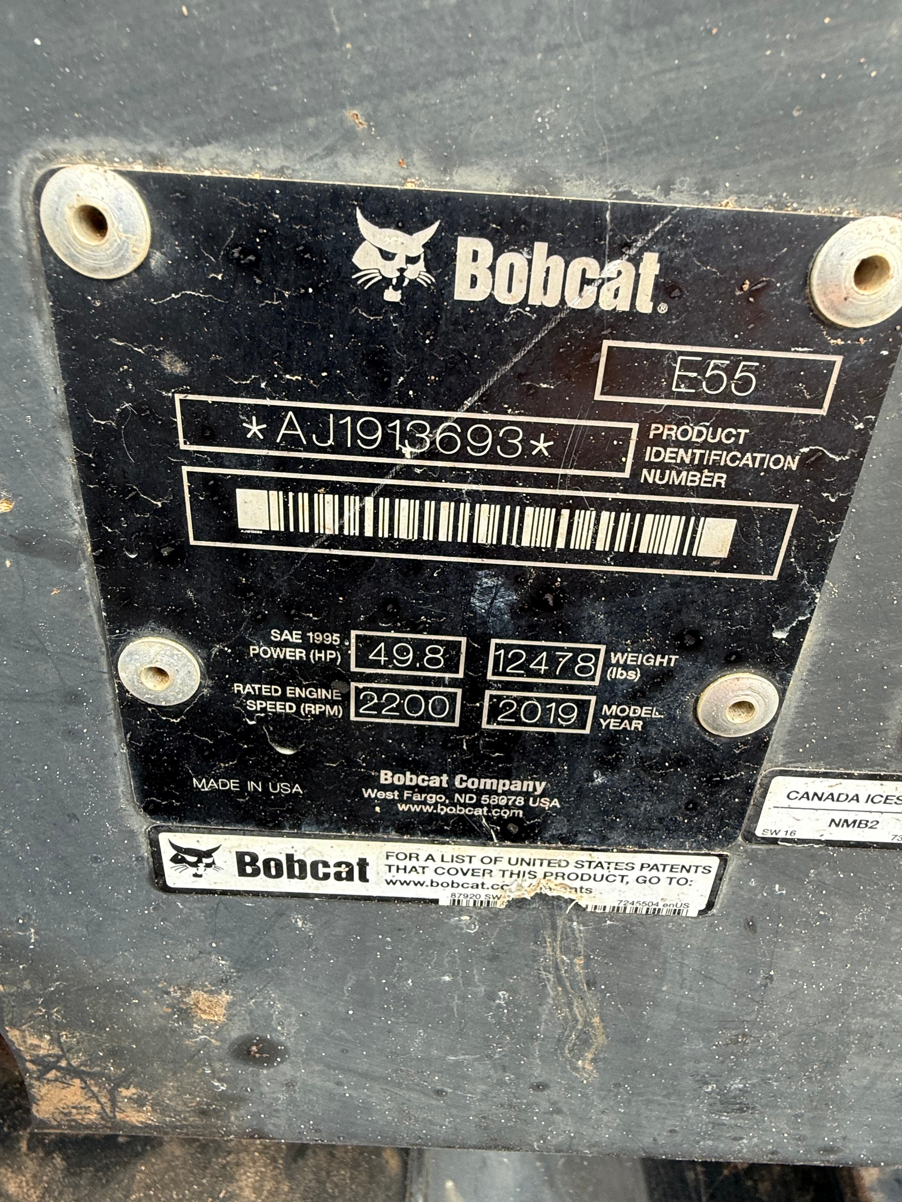 2019 Bobcat E55 Excavator with 1050 Hours